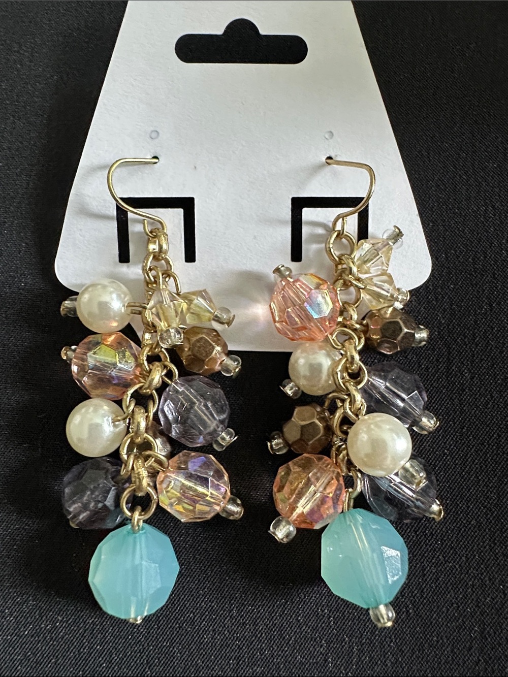 Acrylic EUC dangle earrings. Faux pearl & mix of AB and opaque beads in goldtone